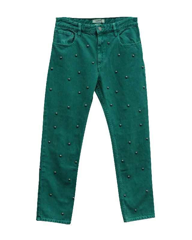 High - rise flare women jeans for a 70s - inspired lookIsabel Marant Etoile Pearl Studded Jeans in Green Cotton