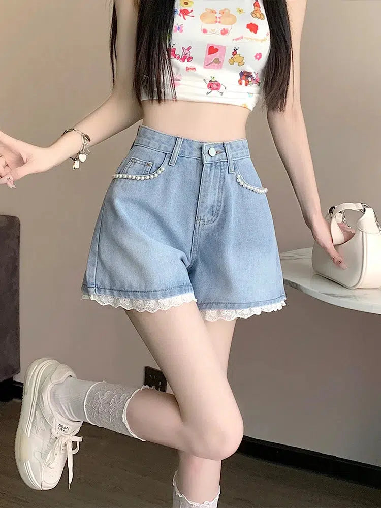 Women's Sequined Party Shorts in Gold for a Glamorous Night OutLace Wide Leg Denim Shorts