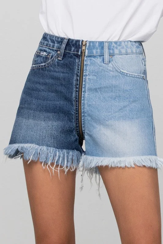 Plus Size Women's Denim Cut - off Shorts with Frayed Edges for a Casual and Laid - Back VibeLong Fray Two Tone Denim Shorts