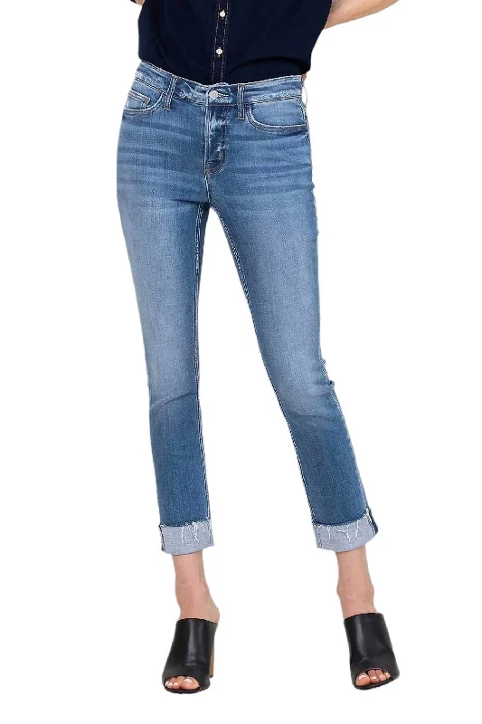 Ripped women jeans for a rebellious and fashion - forward styleMid Rise Cuffed Straight Jeans In Medium Wash Ripped women jeans for a rebellious and fashion - forward styleMid Rise Cuffed Straight Jeans In Medium Wash