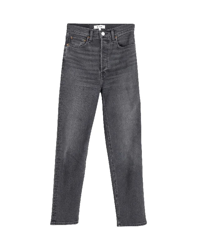 Embellished women jeans with studs or rhinestones for a glamorous touchRe/done 70s Faded High-Rise Straight Leg Jeans in Grey Cotton