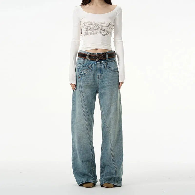 Ripped women jeans for a rebellious and fashion - forward styleRetro Double Waist Trendy Jeans