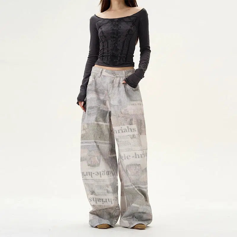 Light - wash women jeans for a fresh and summery appearanceRetro Printed Wide-leg Jeans