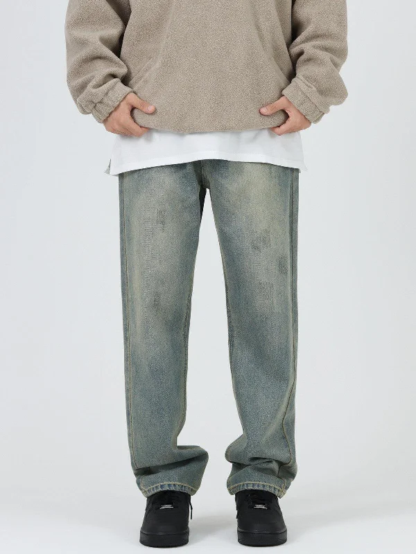 Embroidered women jeans with intricate patternsRetro Washed Blue Straight Jeans