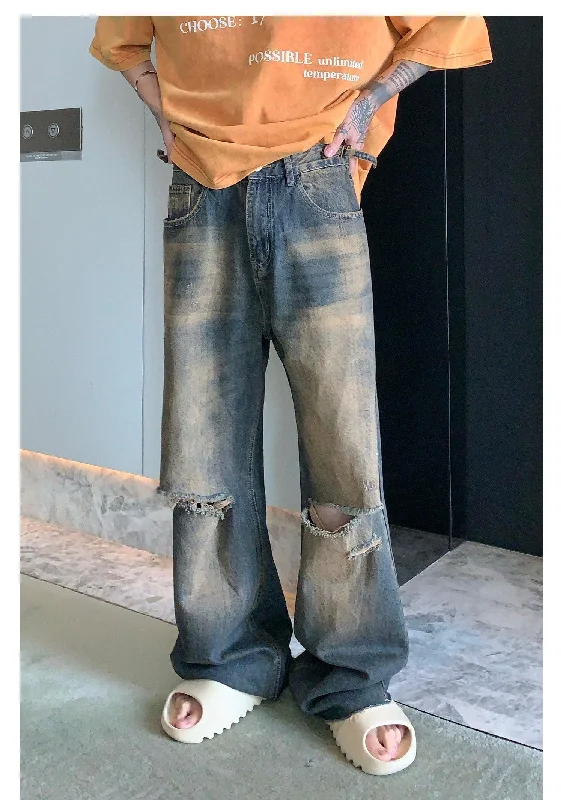 Dark - wash women jeans for a sophisticated and slimming effectRetro Wide-leg Ripped Jeans