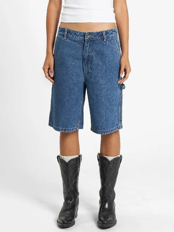 Women's Leather - Look Faux Leather Shorts in Black for an Edgy and Bold AppearanceSlouch Carpenter Short - Rinsed Blue Women's Leather - Look Faux Leather Shorts in Black for an Edgy and Bold AppearanceSlouch Carpenter Short - Rinsed Blue
