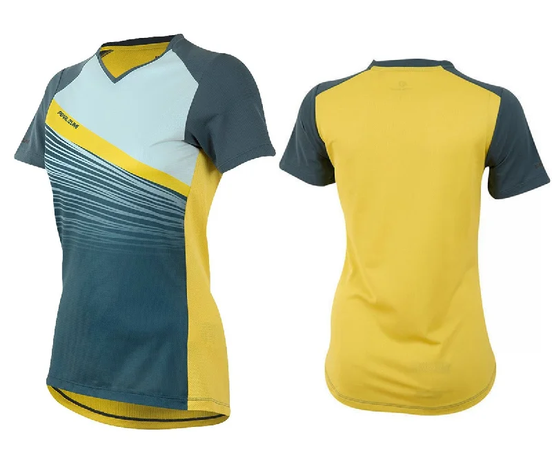 V - neck women's jersey for a more flattering lookPearl Izumi Launch Short Sleeve MTB Jersey - Womens - Blue Steel-Skylight Fracture V - neck women's jersey for a more flattering lookPearl Izumi Launch Short Sleeve MTB Jersey - Womens - Blue Steel-Skylight Fracture