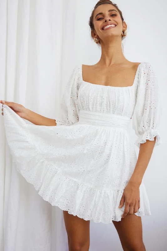 Plus Size Women Dress with a Flattering A - Line Cut for Comfort and StyleAbby Off-Shoulder Tie-Up Back Dress Eyelet Embroidery Dress White