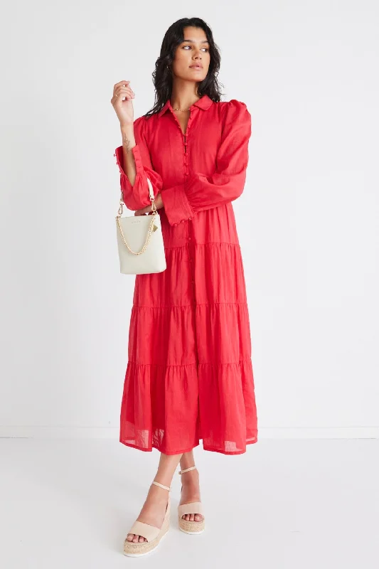Off - the - Shoulder Women Dress for a Romantic and Feminine LookAdair Cherry Linen Blend Tiered Shirt Style Maxi Dress Off - the - Shoulder Women Dress for a Romantic and Feminine LookAdair Cherry Linen Blend Tiered Shirt Style Maxi Dress