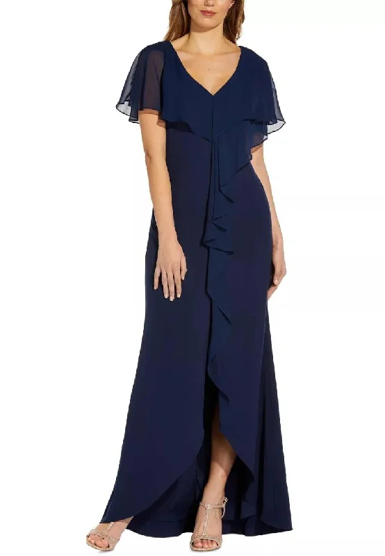 Lace - Embellished Women Dress for an Elegant and Sophisticated AppearanceNavy V-neck Chiffon Ruffled Gown