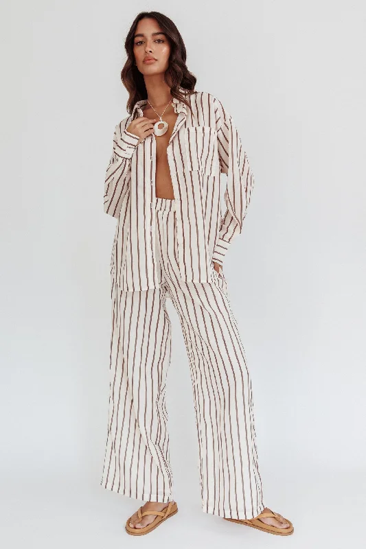 Strapless Women Dress with a Built - in Bra for Comfort and SupportAlex Elastic Waist Pants Stripe Latte