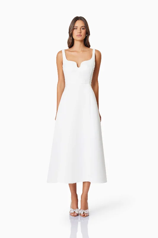 Printed Abstract Women Dress for a Modern and Artistic AppealAlice Duchess Satin Midi Dress In White