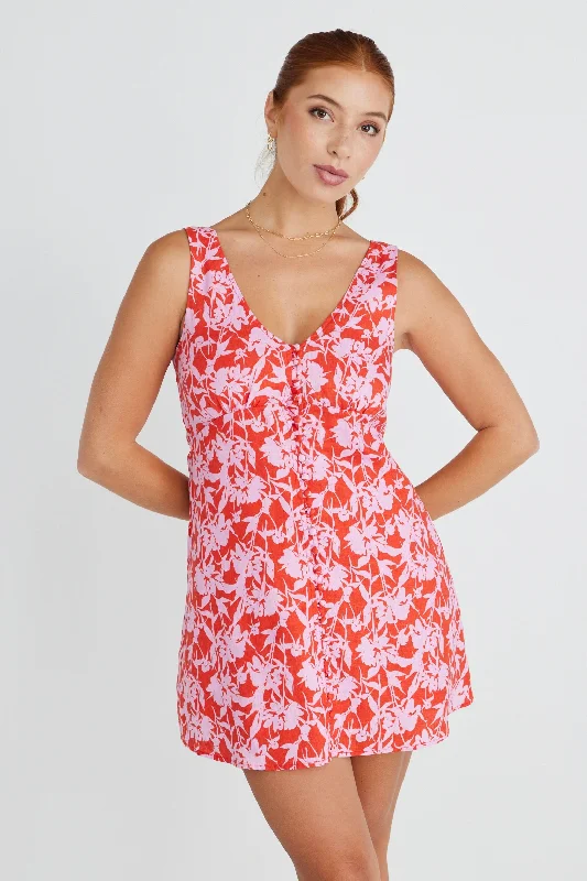 Printed Abstract Women Dress for a Modern and Artistic AppealAllora Pink Floral Shadows Linen Sleeveless Button Front Mini Dress Printed Abstract Women Dress for a Modern and Artistic AppealAllora Pink Floral Shadows Linen Sleeveless Button Front Mini Dress