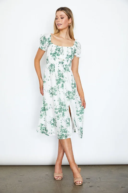 Sheath Women Dress with a Tailored Fit for a Professional LookAmilie Shirred Waist Midi Dress Floral Print White/Olive