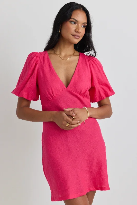 Plus Size Women Dress with a Flattering A - Line Cut for Comfort and StyleAmour Hot Pink Linen Bubble Sleeve Mini Dress