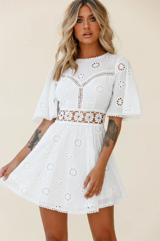 Mini Women Dress with a Short Hem for a Young and Trendy StyleAnais Fluted Sleeve Exposed Back Broderie Anglaise Dress White