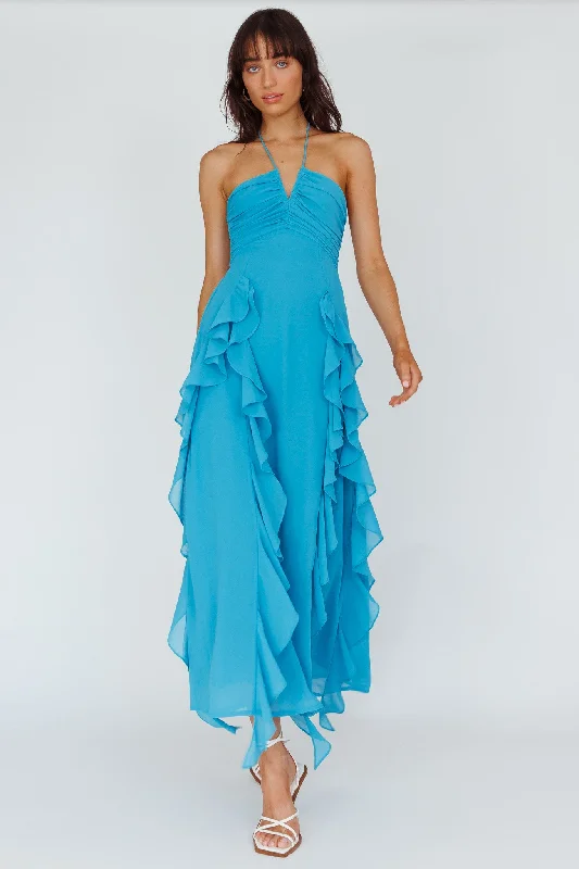 Strapless Women Dress with a Built - in Bra for Comfort and SupportAsiah Ruffle Trim Halterneck Maxi Dress Cerulean Blue Strapless Women Dress with a Built - in Bra for Comfort and SupportAsiah Ruffle Trim Halterneck Maxi Dress Cerulean Blue