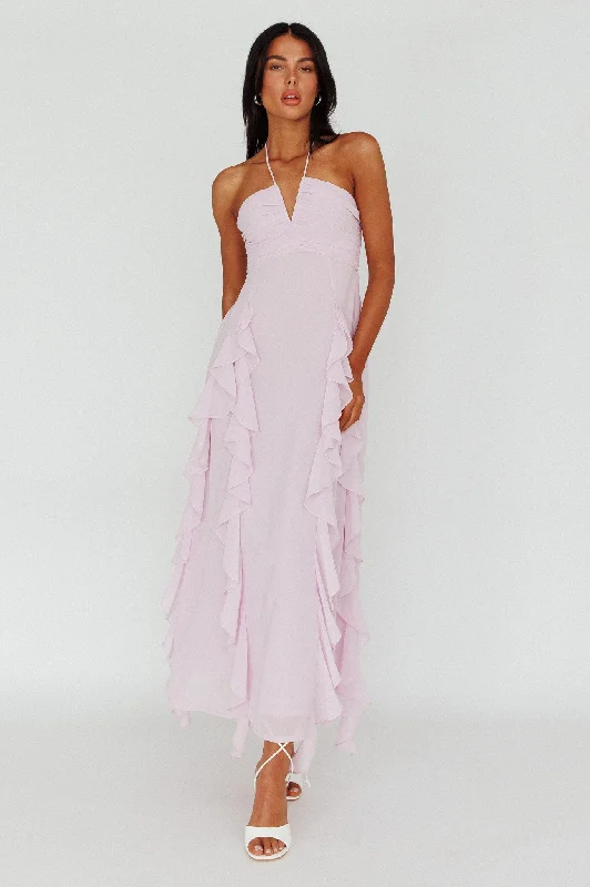 Wrap - Style Women Dress with Adjustable Fit for All Body TypesAsiah Ruffle Trim Halterneck Maxi Dress Lavender Wrap - Style Women Dress with Adjustable Fit for All Body TypesAsiah Ruffle Trim Halterneck Maxi Dress Lavender