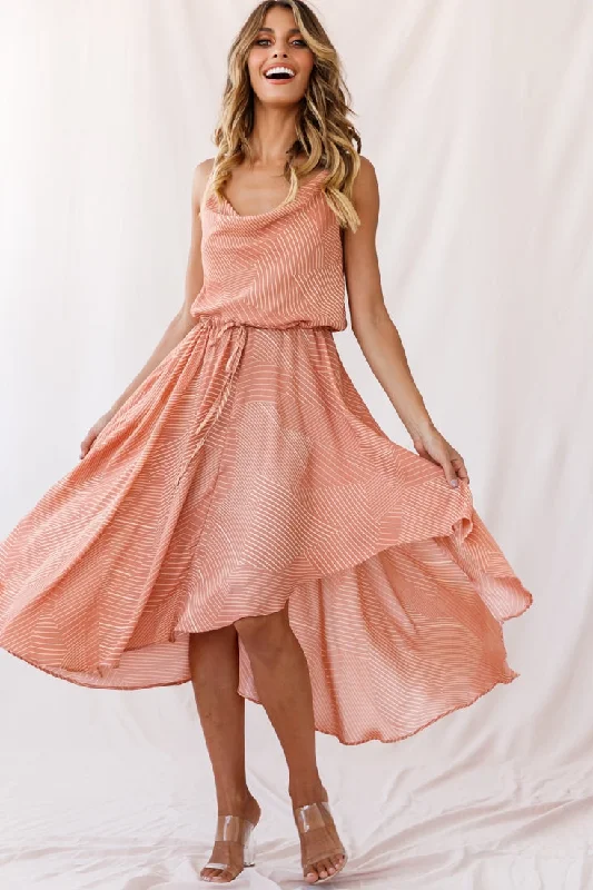Wrap - Style Women Dress with Adjustable Fit for All Body TypesAva Cowl Neck Drawstring Midi Dress Line Print Nude Wrap - Style Women Dress with Adjustable Fit for All Body TypesAva Cowl Neck Drawstring Midi Dress Line Print Nude