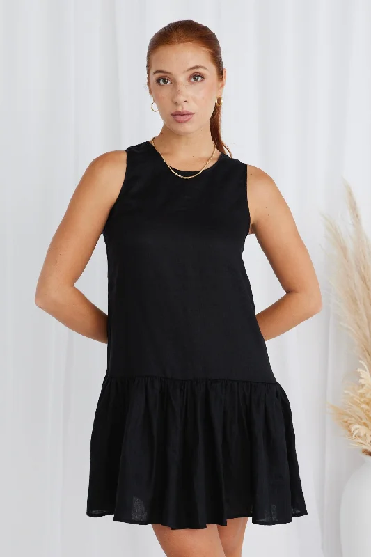 Mini Women Dress with a Short Hem for a Young and Trendy StyleAva Black Linen Sleeveless Frill Hem Smock Mini Dress