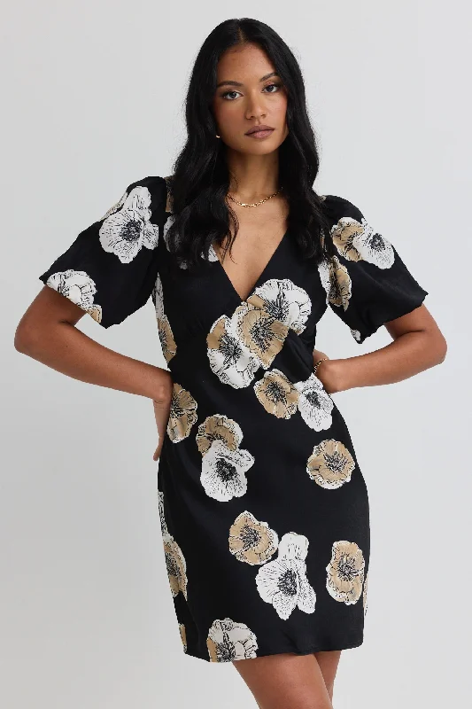 Shift Women Dress with a Simple and Classic Design for Everyday WearAmour Black Floral Satin Bubble Sleeve Mini Dress