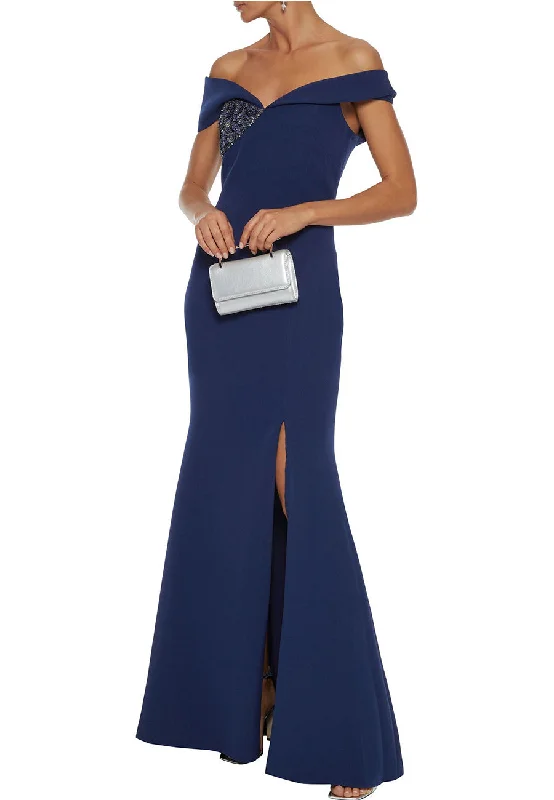 Maxi Women Dress with Floral Print for a Bohemian VibeNavy Off Shoulder Embellished Stretch Crepe Gown