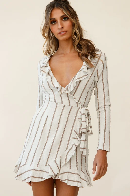 Wrap - Style Women Dress with Adjustable Fit for All Body TypesBeatrice Faux Wrap Ruffle Trim Raw Edge Dress Natural/Tan Stripe Wrap - Style Women Dress with Adjustable Fit for All Body TypesBeatrice Faux Wrap Ruffle Trim Raw Edge Dress Natural/Tan Stripe