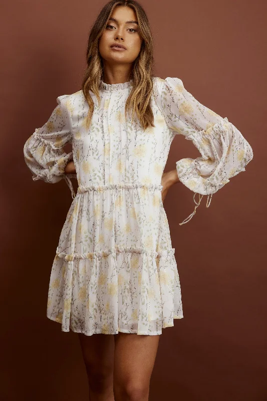 Backless Women Dress for a Sexy and Alluring Look at Evening EventsBeatrix High Neck Balloon Sleeve Dress Floral Yellow