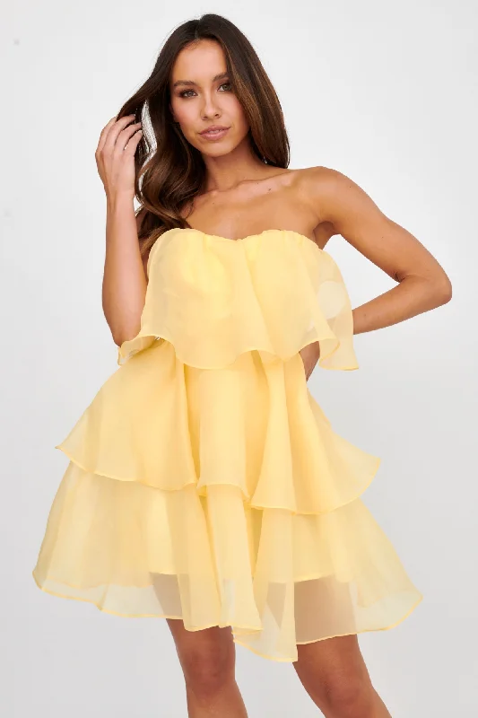 Ball Gown Women Dress with a Full Skirt for a Princess - like LookBehati Tiered Layer Mini Dress Yellow Ball Gown Women Dress with a Full Skirt for a Princess - like LookBehati Tiered Layer Mini Dress Yellow