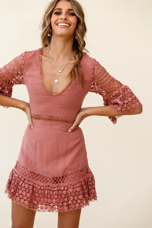 Wrap - Style Women Dress with Adjustable Fit for All Body TypesBelieve It Crochet Detail Fluted Hem Dress Rose