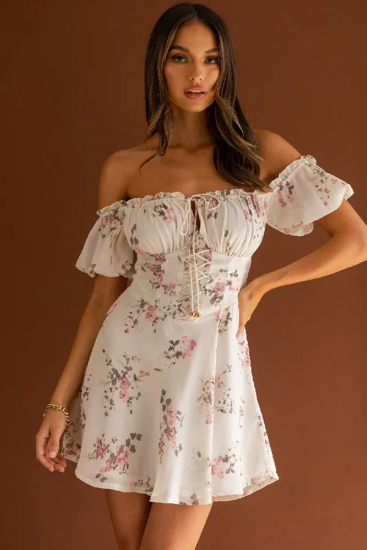 Plus Size Women Dress with a Flattering A - Line Cut for Comfort and StyleBelle Fleur Tied Bust Mini Dress Floral White