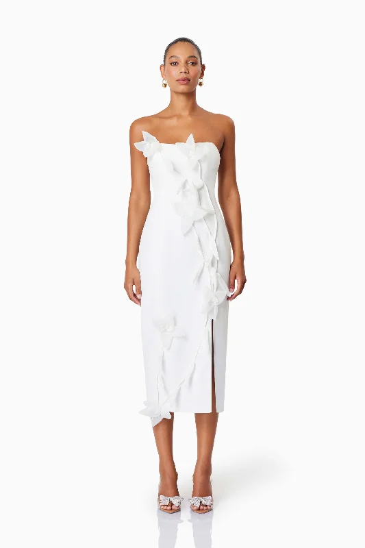Empire Waist Women Dress to Accentuate the Bust and Conceal the WaistBethany Strapless Floral Midi Dress In White Empire Waist Women Dress to Accentuate the Bust and Conceal the WaistBethany Strapless Floral Midi Dress In White
