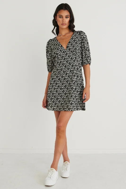 Ruffled Women Dress with Multiple Layers for a Playful and Girly StyleBittersweet Black Ditsy Floral Back Tie Mini Dress