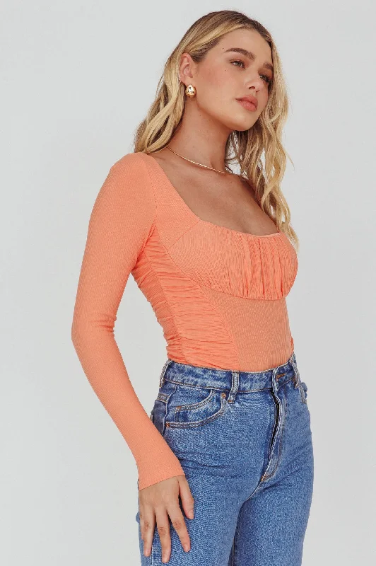 Maxi Women Dress with Floral Print for a Bohemian VibeBobbi Long Sleeve Ruched Side Ribbed Bodysuit Orange