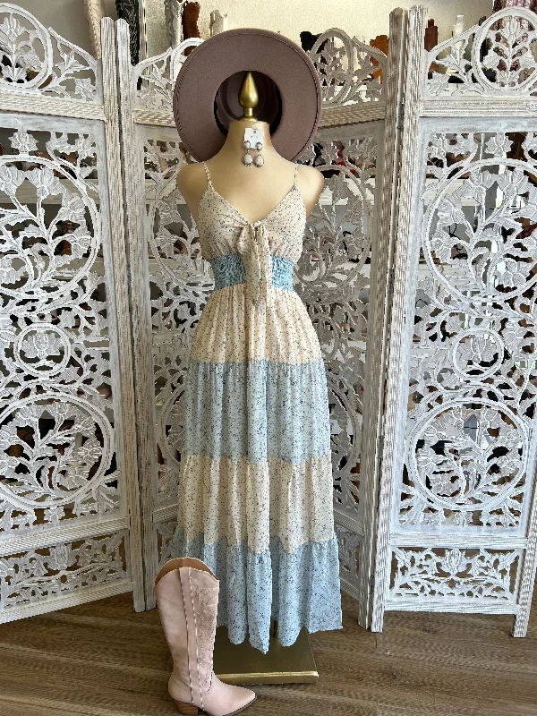 Long - Sleeve Women Dress in Velvet for a Luxurious Winter LookBow Light Blue Multi Color Floral Maxi Dress-  Not Stretchy