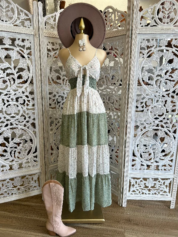 Ruffled Women Dress with Multiple Layers for a Playful and Girly StyleBow Olive Multi Color Floral Maxi Dress-  Not Stretchy