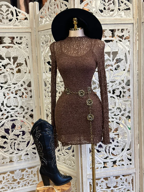 Backless Women Dress for a Sexy and Alluring Look at Evening EventsBrown Lace Mini Dress- Stretchy, Estira