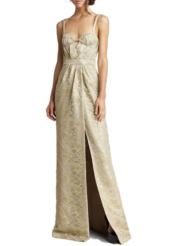 Sheath Women Dress with a Tailored Fit for a Professional LookGold Metallic Lace Keyhole Gown