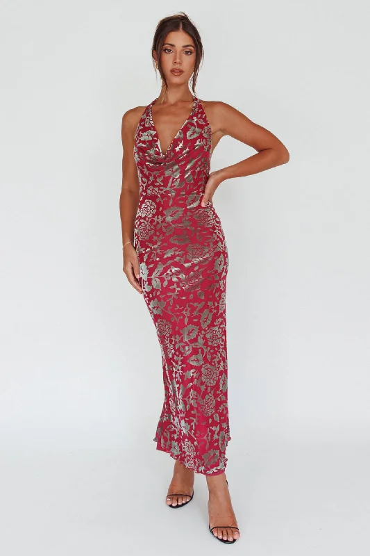 Backless Women Dress for a Sexy and Alluring Look at Evening EventsByzantine Cowl Halterneck Midi Dress Floral Wine Backless Women Dress for a Sexy and Alluring Look at Evening EventsByzantine Cowl Halterneck Midi Dress Floral Wine