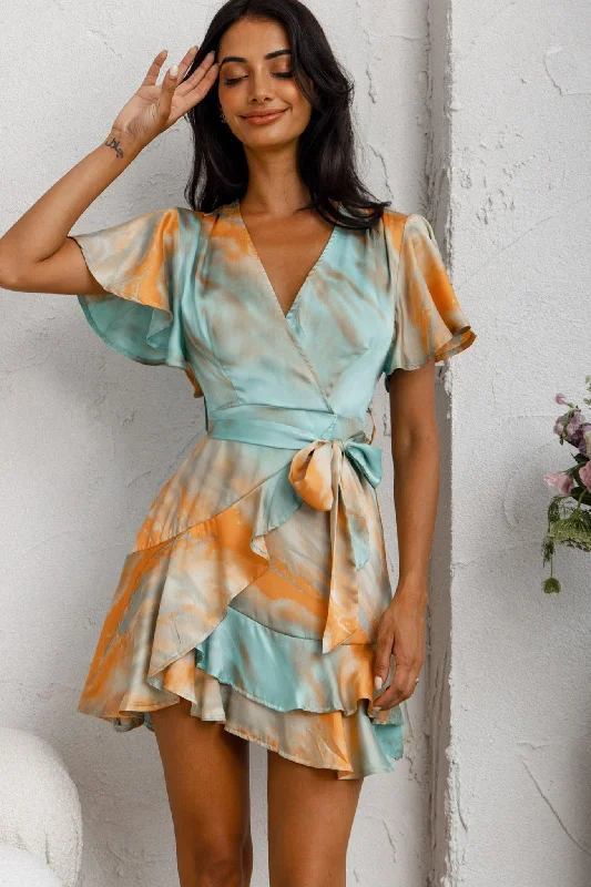 Ruffled Women Dress with Multiple Layers for a Playful and Girly StyleCami Angel Sleeve Faux Wrap Dress Tie-Dye Print Aqua/Orange
