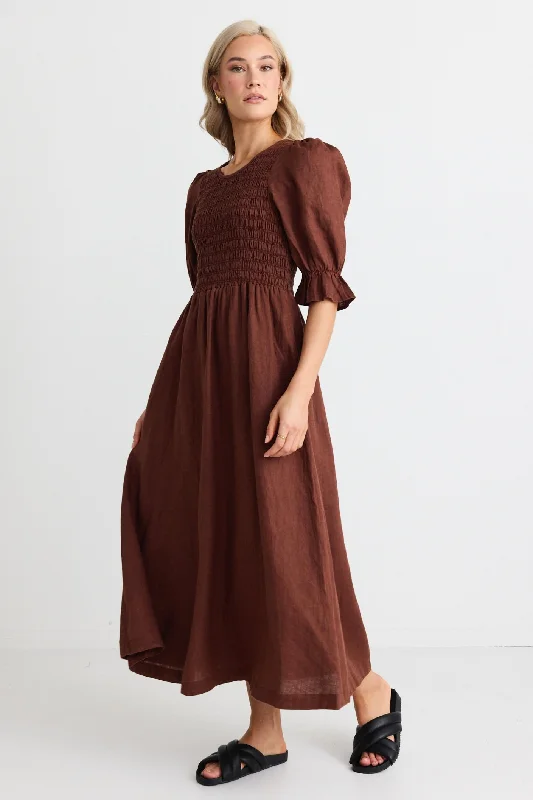 Printed Abstract Women Dress for a Modern and Artistic AppealCanary Chocolate Linen Puff Sleeve Shirred Bodice Midi Dress