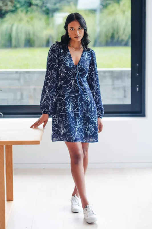 Mini Women Dress with a Short Hem for a Young and Trendy StyleCavort Blue Hibiscus LS Tie Front Mini Dress Mini Women Dress with a Short Hem for a Young and Trendy StyleCavort Blue Hibiscus LS Tie Front Mini Dress