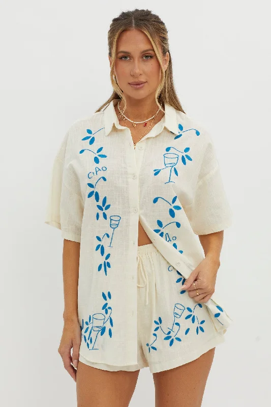 Plus Size Women Dress with a Flattering A - Line Cut for Comfort and StyleCiao Ciao Embroidered Button-Up Shirt Beige
