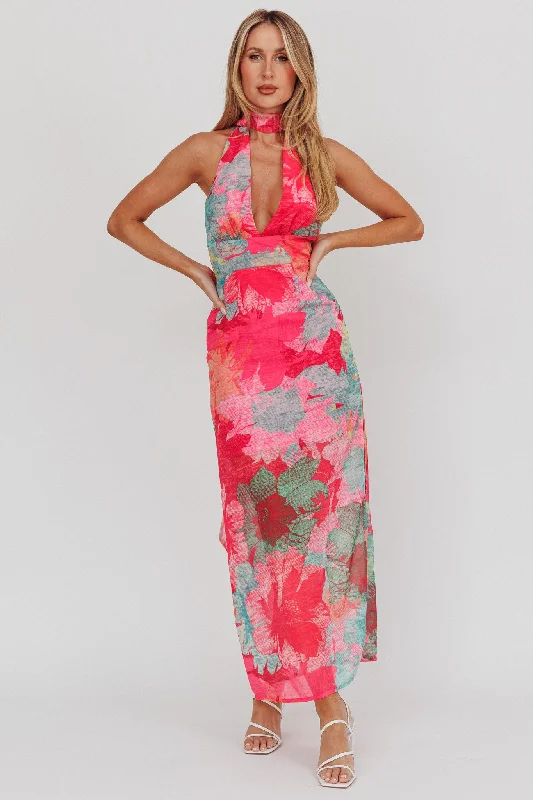 Mini Women Dress with a Short Hem for a Young and Trendy StyleCipriana Backless Halter Maxi Dress Floral Fuchsia