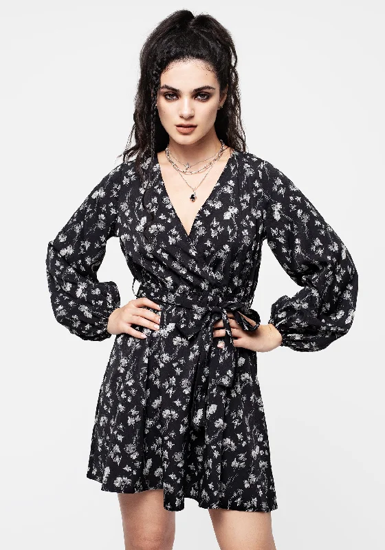 Pleated Women Dress with a Timeless and Elegant TextureClaricia Long Sleeved Floral Faux Wrap Mini Dress Pleated Women Dress with a Timeless and Elegant TextureClaricia Long Sleeved Floral Faux Wrap Mini Dress