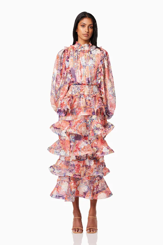 Printed Abstract Women Dress for a Modern and Artistic AppealCoachella Sheer Long Sleeve Midi Dress In Orange