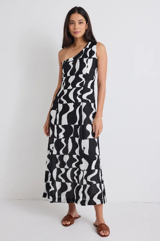 Strapless Women Dress with a Built - in Bra for Comfort and SupportConscious Black Wave Print One Shoulder Maxi Dress