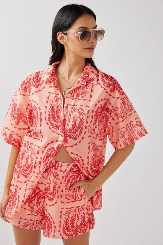 Off - the - Shoulder Women Dress for a Romantic and Feminine LookCora Button-Up Shirt Print Red Salmon Off - the - Shoulder Women Dress for a Romantic and Feminine LookCora Button-Up Shirt Print Red Salmon