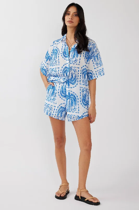 Off - the - Shoulder Women Dress for a Romantic and Feminine LookCora Elastic Waist Shorts Print Blue White