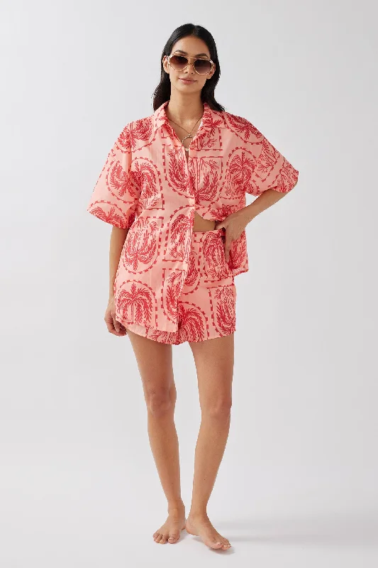 Off - the - Shoulder Women Dress for a Romantic and Feminine LookCora Elastic Waist Shorts Print Red Salmon